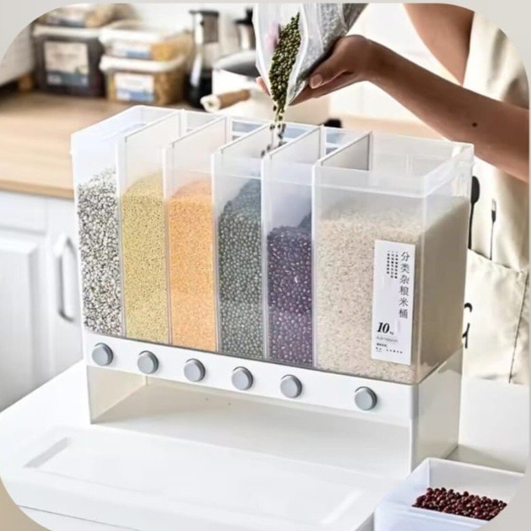 6-Grid Airtight Food & Grain Dispenser | 10L Large Capacity | Kitchen Storage Organizer with One-Press Dispensing | For Rice, Pulses, Cereals, Dry Fruits